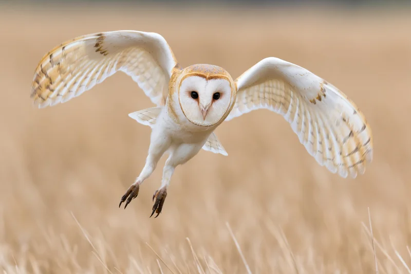 Barn owl diving with wings spread and talons extended over a golden field