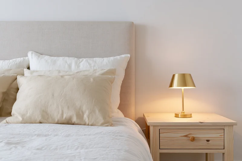 Bed with linen headboard and pillows beside a wooden nightstand with gold lamp