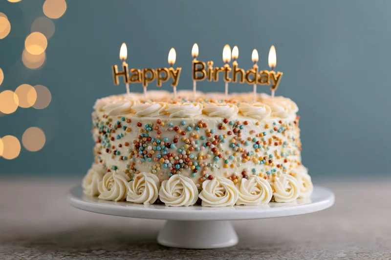 Birthday cake with lit candles and sprinkles on a white pedestal stand