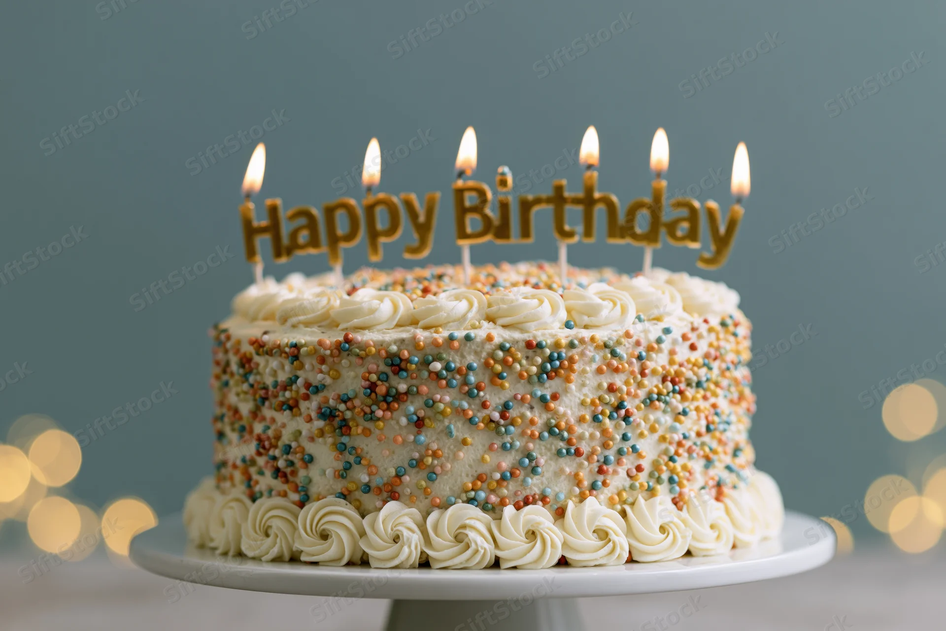 Birthday cake with lit candles and happy birthday lettering on a white pedestal stand