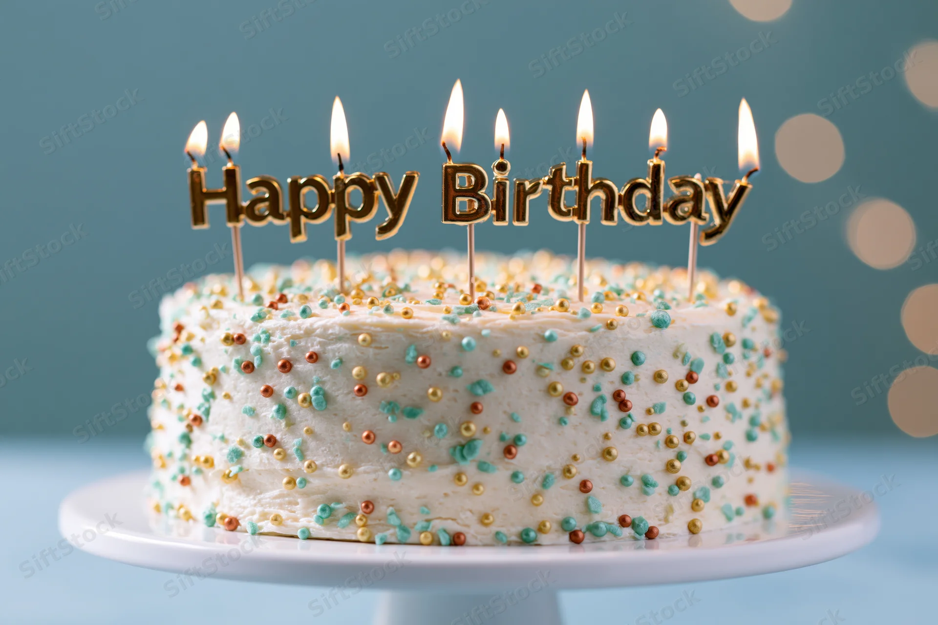 Birthday cake with lit candles spelling happy birthday on white pedestal stand