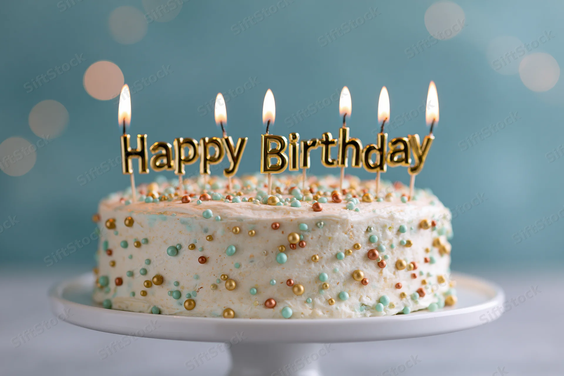 Birthday cake with lit candles and happy birthday topper on white pedestal stand