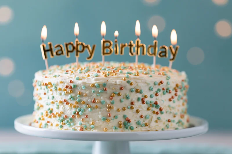 Birthday cake with lit candles spelling happy birthday on white pedestal stand