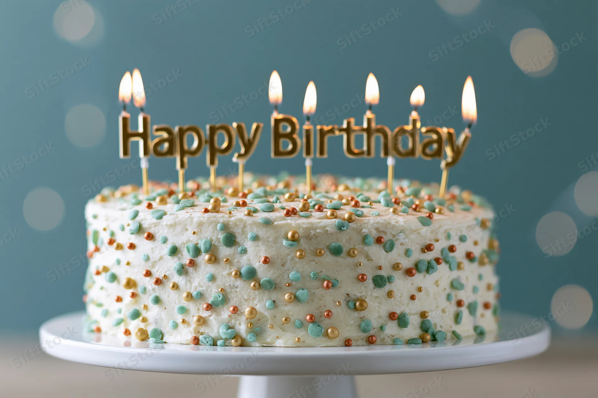 Birthday cake with lit candles spelling happy birthday on a white pedestal stand