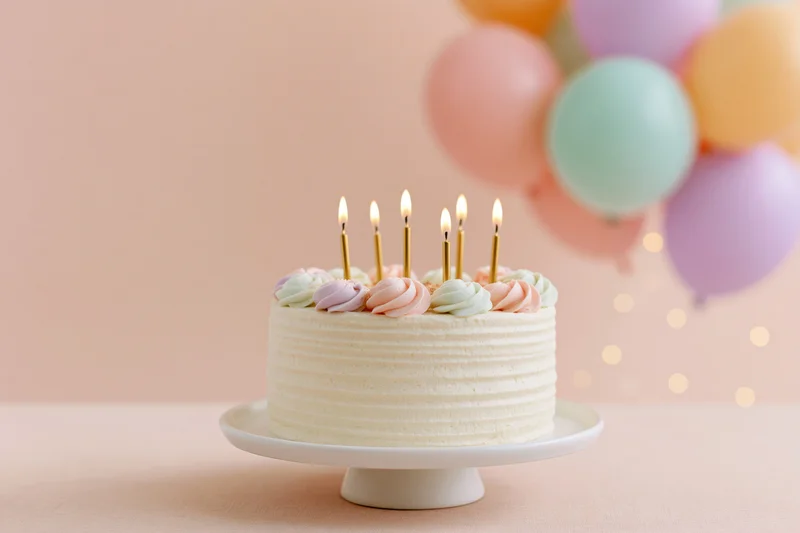 Birthday cake with lit candles on a white cake stand, pastel balloons in background