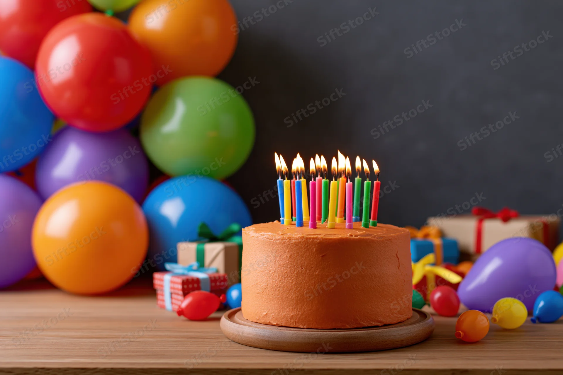 Birthday cake with lit multicolored candles on wooden table surrounded by balloons and gifts