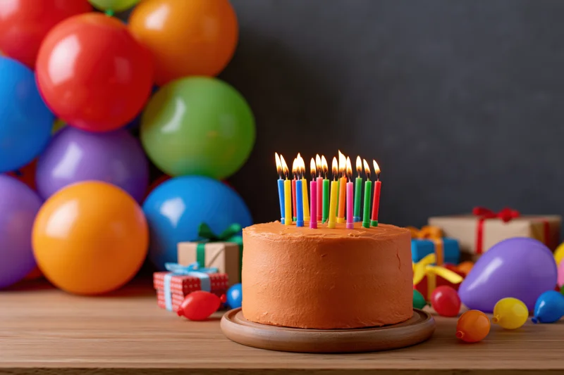 Birthday cake with lit multicolored candles on wooden table surrounded by balloons and gifts