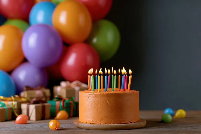 Birthday cake with lit multicolored candles on wooden table surrounded by balloons and gifts
