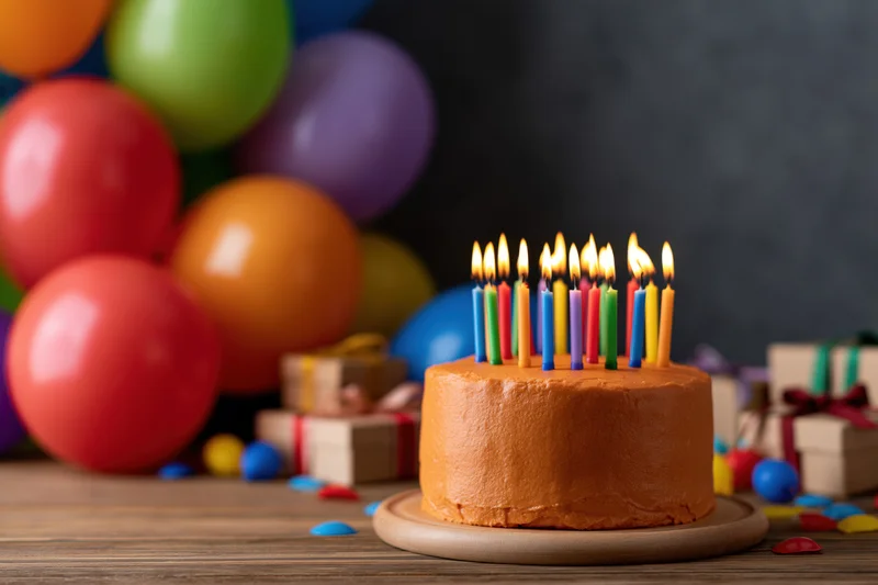 Birthday cake with lit multicolored candles on wooden table surrounded by balloons and gifts