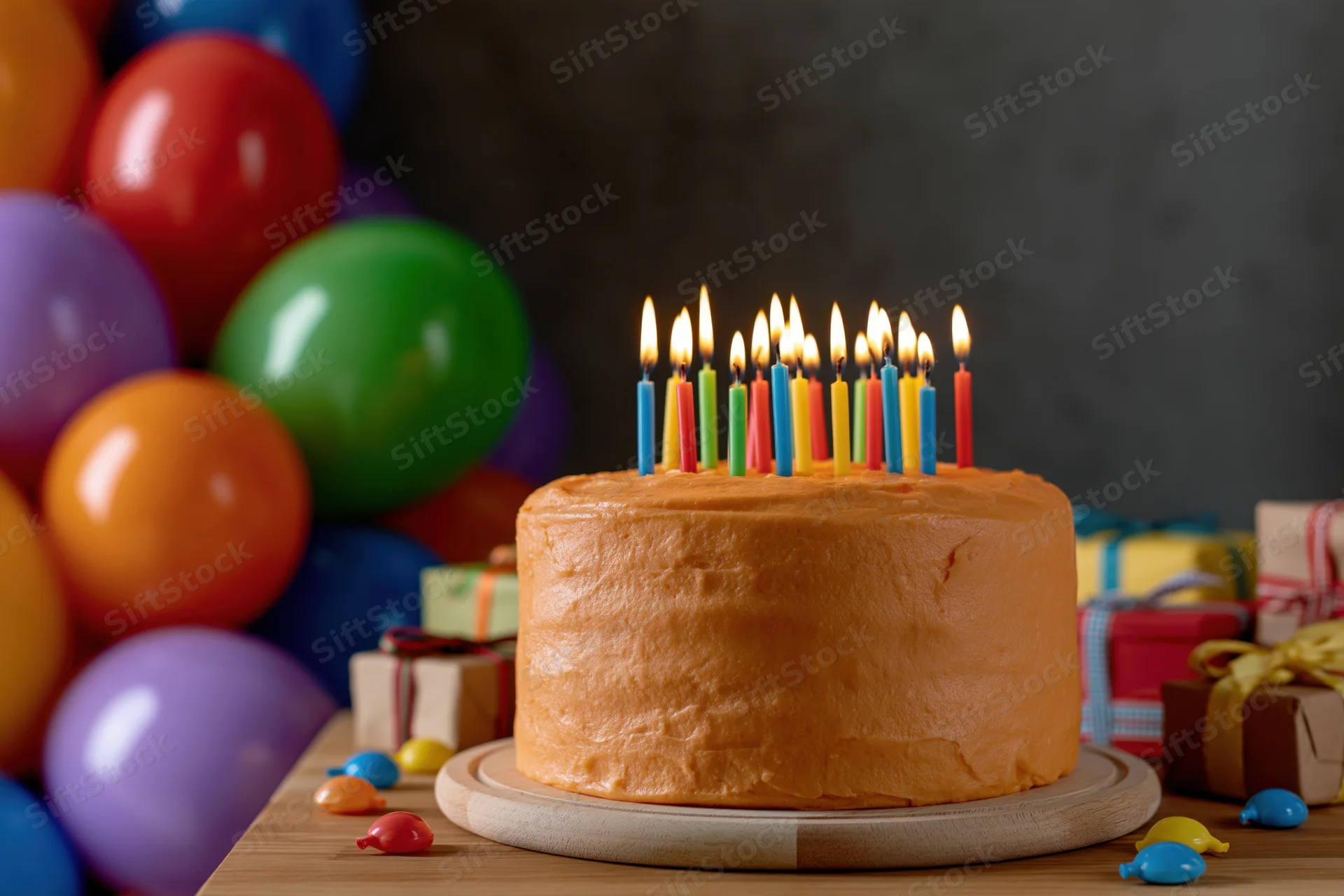 Birthday cake with lit multicolored candles on wooden table surrounded by balloons and gifts