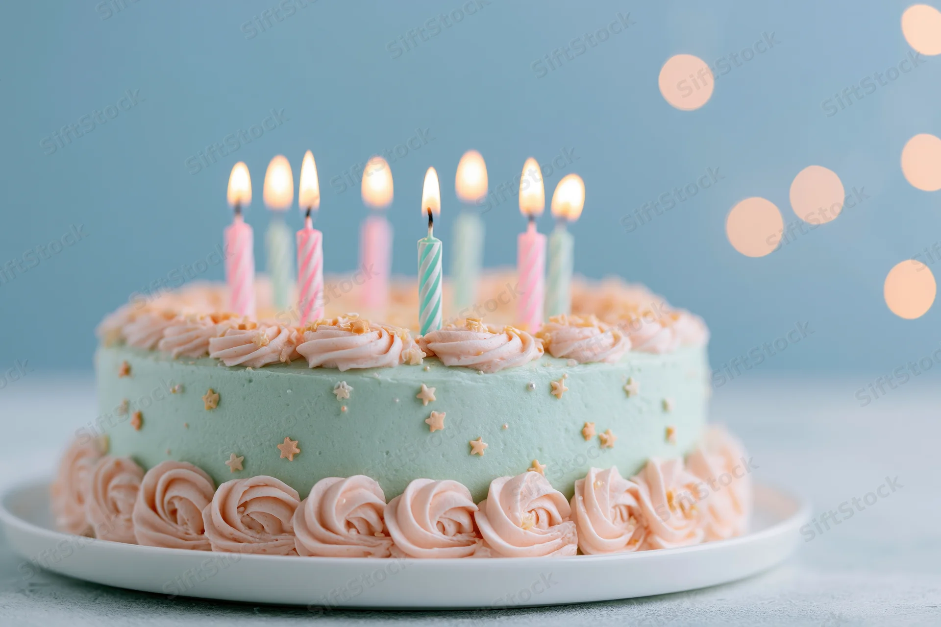 Birthday cake with lit multicolored candles on a white plate against a blue background with bokeh lights