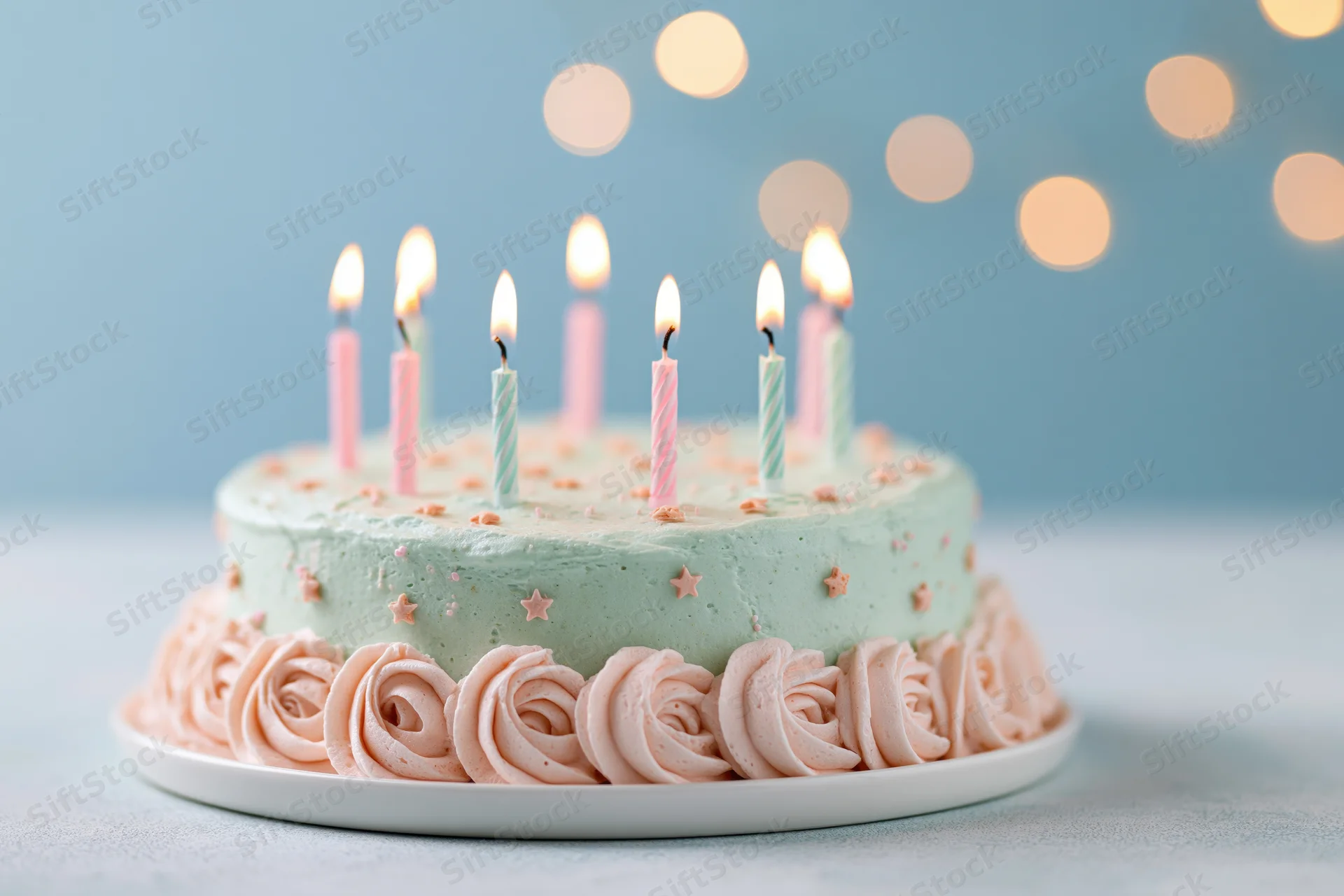 Birthday cake with lit multicolored candles on a white plate against a soft blue background with bokeh lights