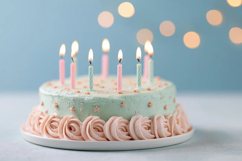 Birthday cake with lit multicolored candles on a white plate against a soft blue background with bokeh lights