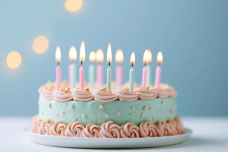 Birthday cake with lit multicolored candles on a white plate against a soft blue background with bokeh lights