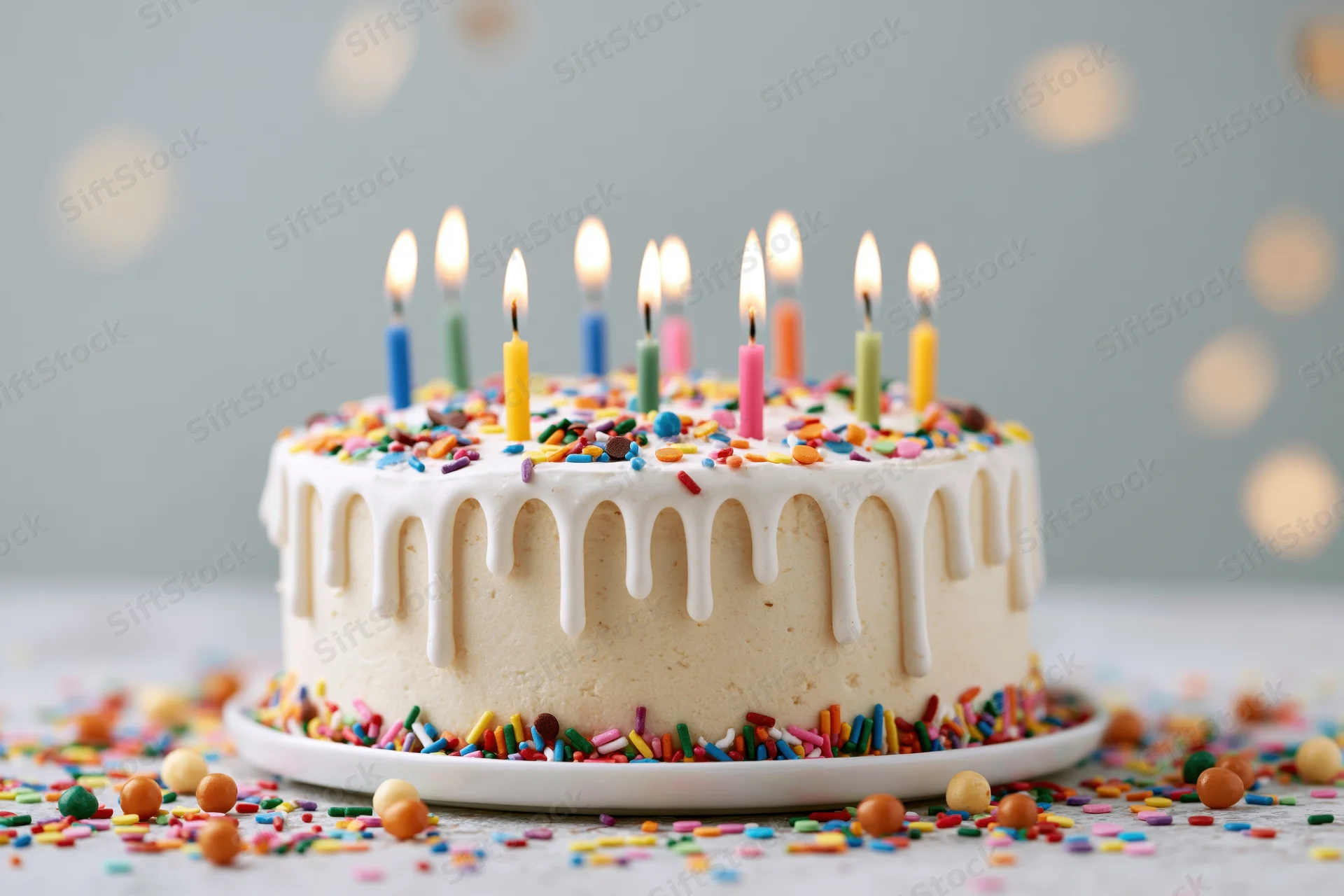 Birthday cake with white drip frosting and lit colorful candles on a plate surrounded by sprinkles