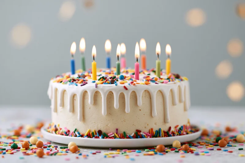 Birthday cake with white drip frosting and lit colorful candles on a plate surrounded by sprinkles