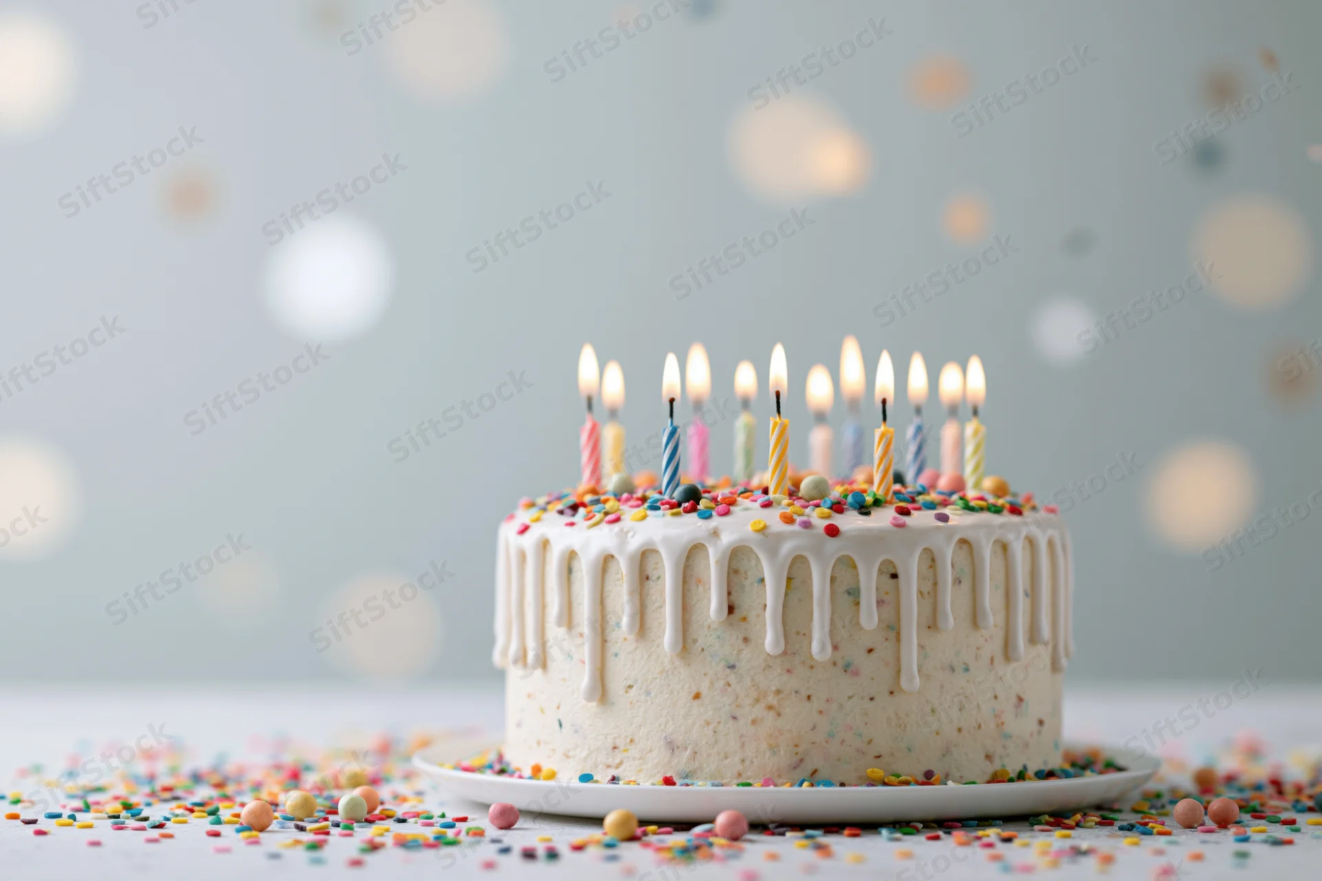 Birthday cake with white drip frosting and lit colorful candles on a plate surrounded by sprinkles against a bokeh background