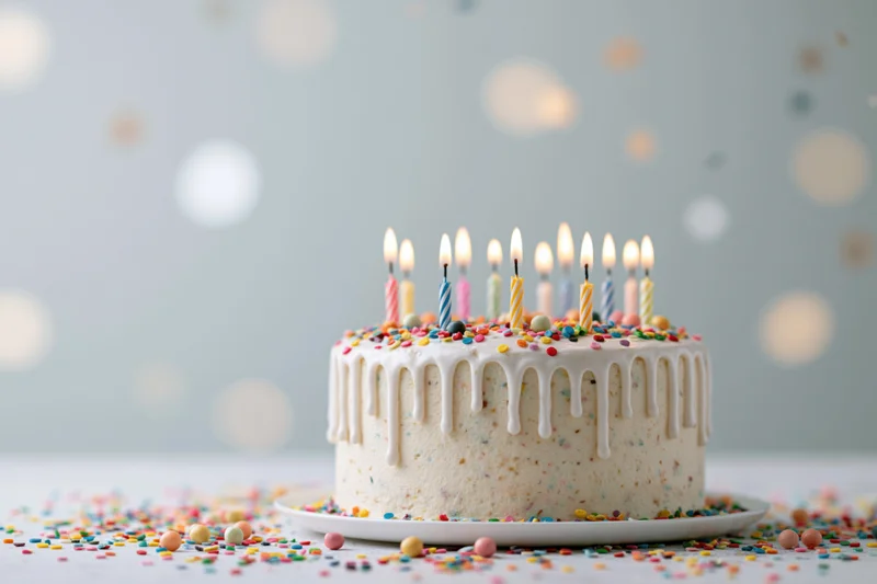 Birthday cake with white drip frosting and lit colorful candles on a plate surrounded by sprinkles against a bokeh background
