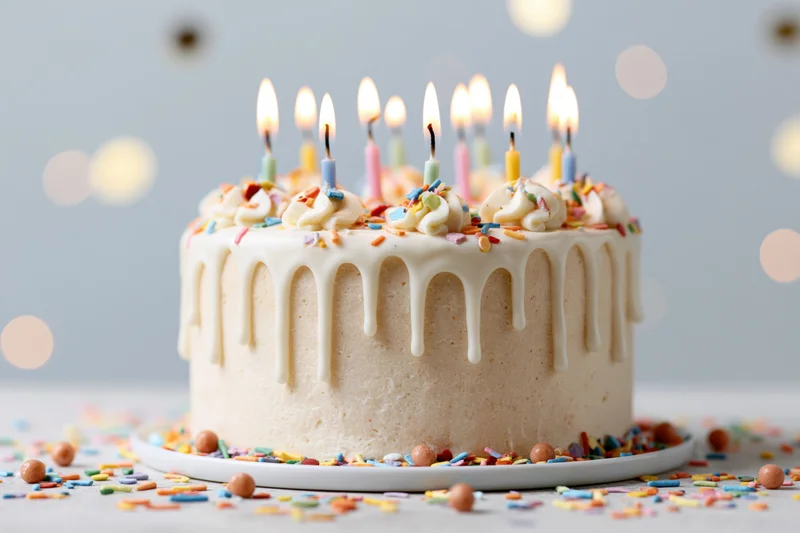 Birthday cake with white drip frosting and lit colorful candles on a plate surrounded by sprinkles