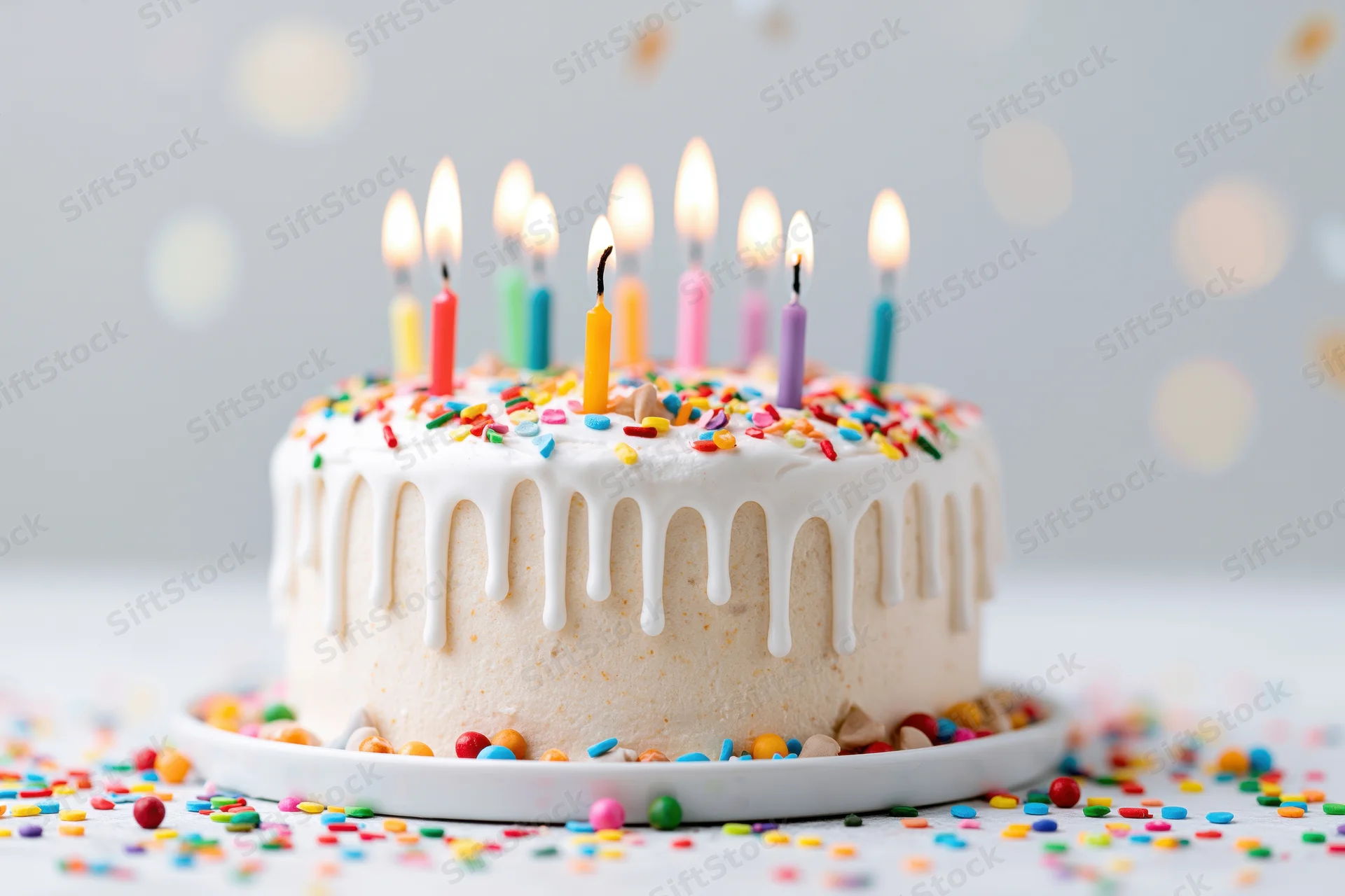 Birthday cake with white drip frosting and lit colorful candles on a plate surrounded by sprinkles