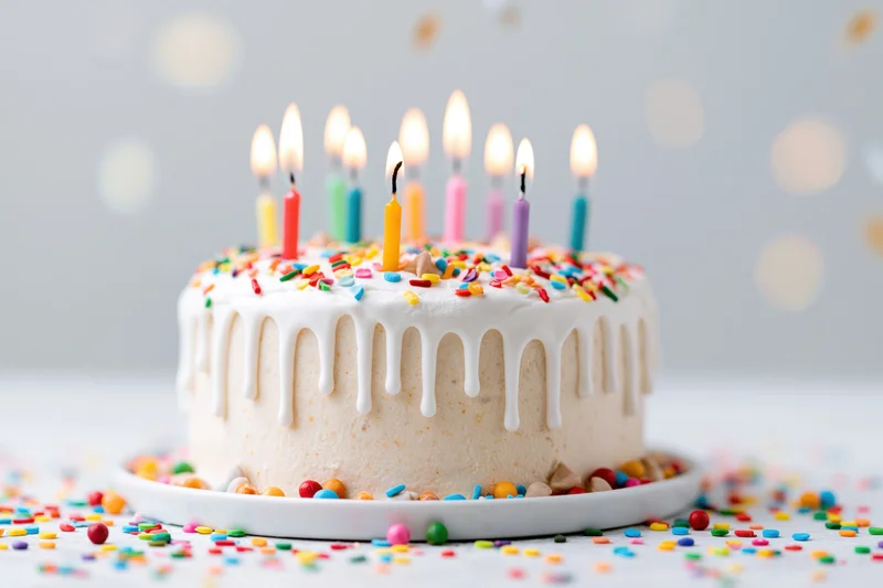 Birthday cake with white drip frosting and lit colorful candles on a plate surrounded by sprinkles