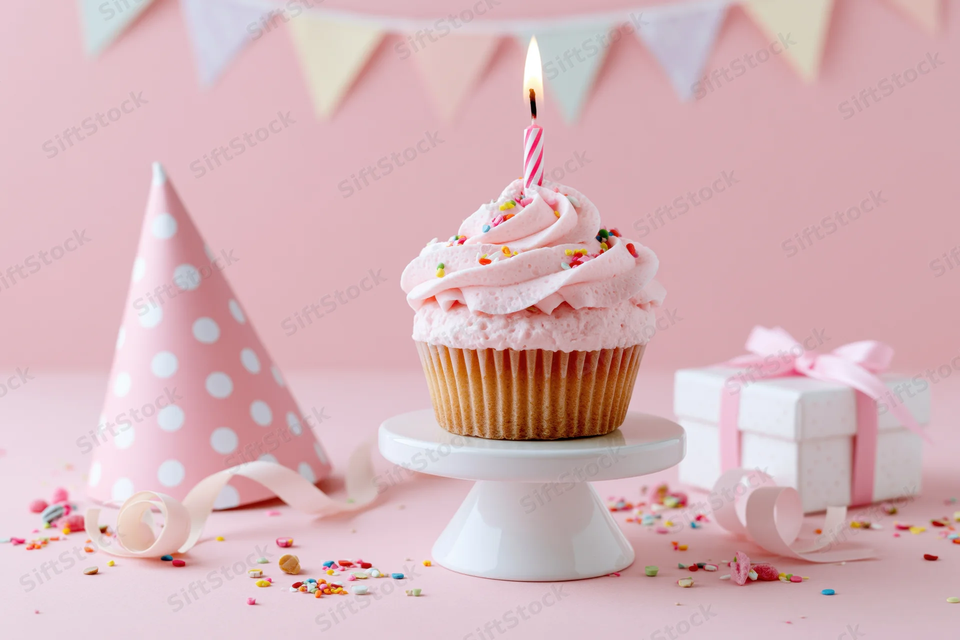 Pink frosted cupcake with lit candle on white stand beside party hat and gift box on pink surface