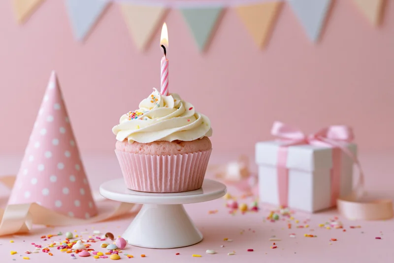 Pink cupcake with lit candle on white stand surrounded by party hat, gift box and sprinkles on pink surface