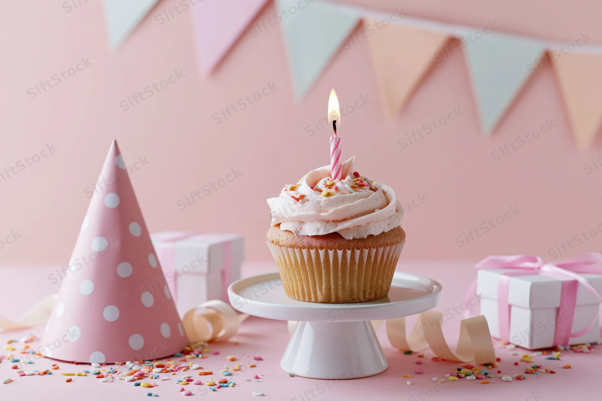 Birthday cupcake with lit striped candle on white stand surrounded by party hat, gifts, and sprinkles on pink surface