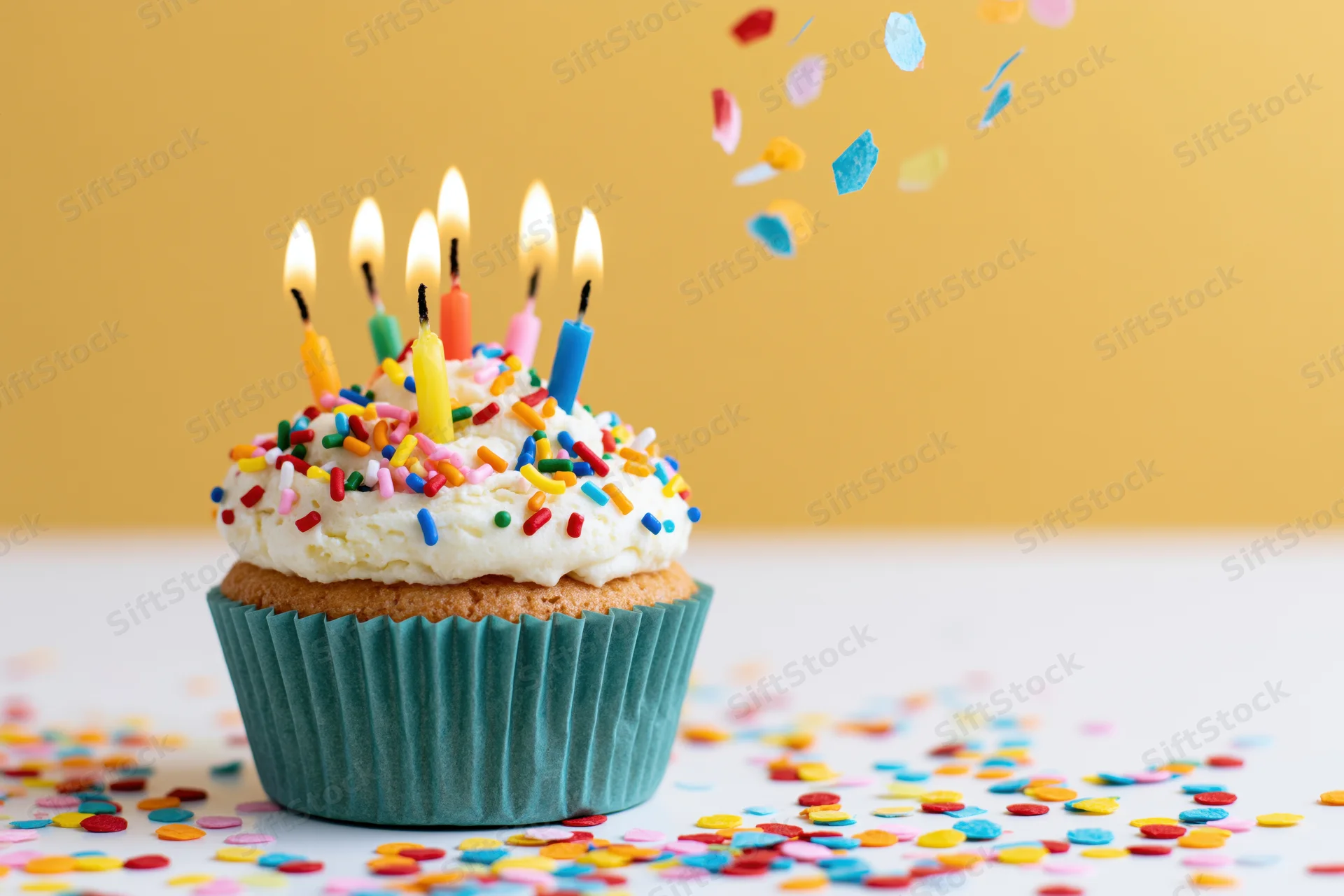 Birthday cupcake with lit multicolored candles and sprinkles on a teal paper liner, surrounded by falling confetti on a white surface against a yellow background