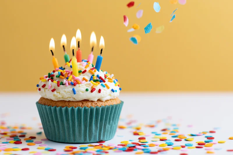 Birthday cupcake with lit multicolored candles and sprinkles on a teal paper liner, surrounded by falling confetti on a white surface against a yellow background