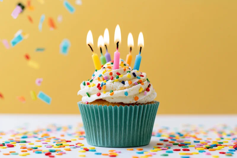 Birthday cupcake with lit multicolored candles and sprinkles on a yellow background, surrounded by falling confetti