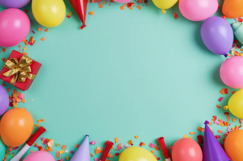 Birthday party supplies arranged along the bottom edge of a teal background with copyspace in center