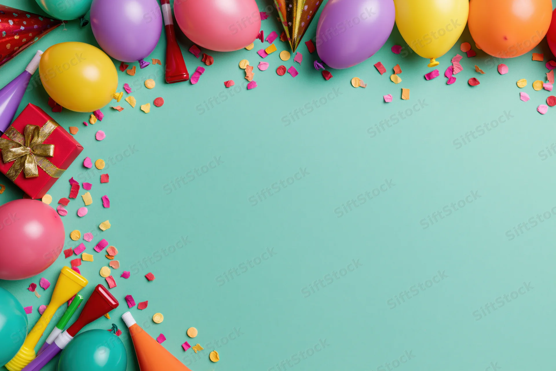 Birthday party supplies arranged along the bottom edge of a teal surface with copyspace above