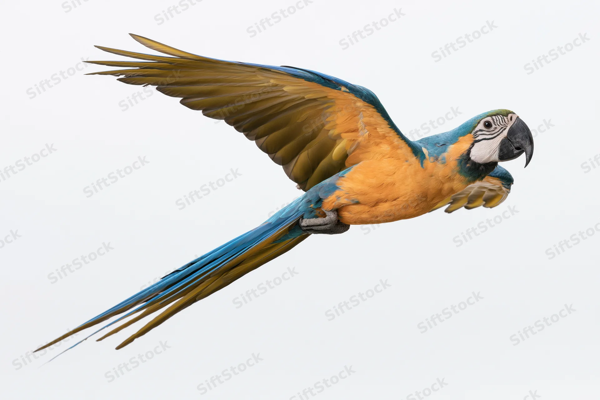 Blue-and-gold macaw in mid-flight with wings extended against white background