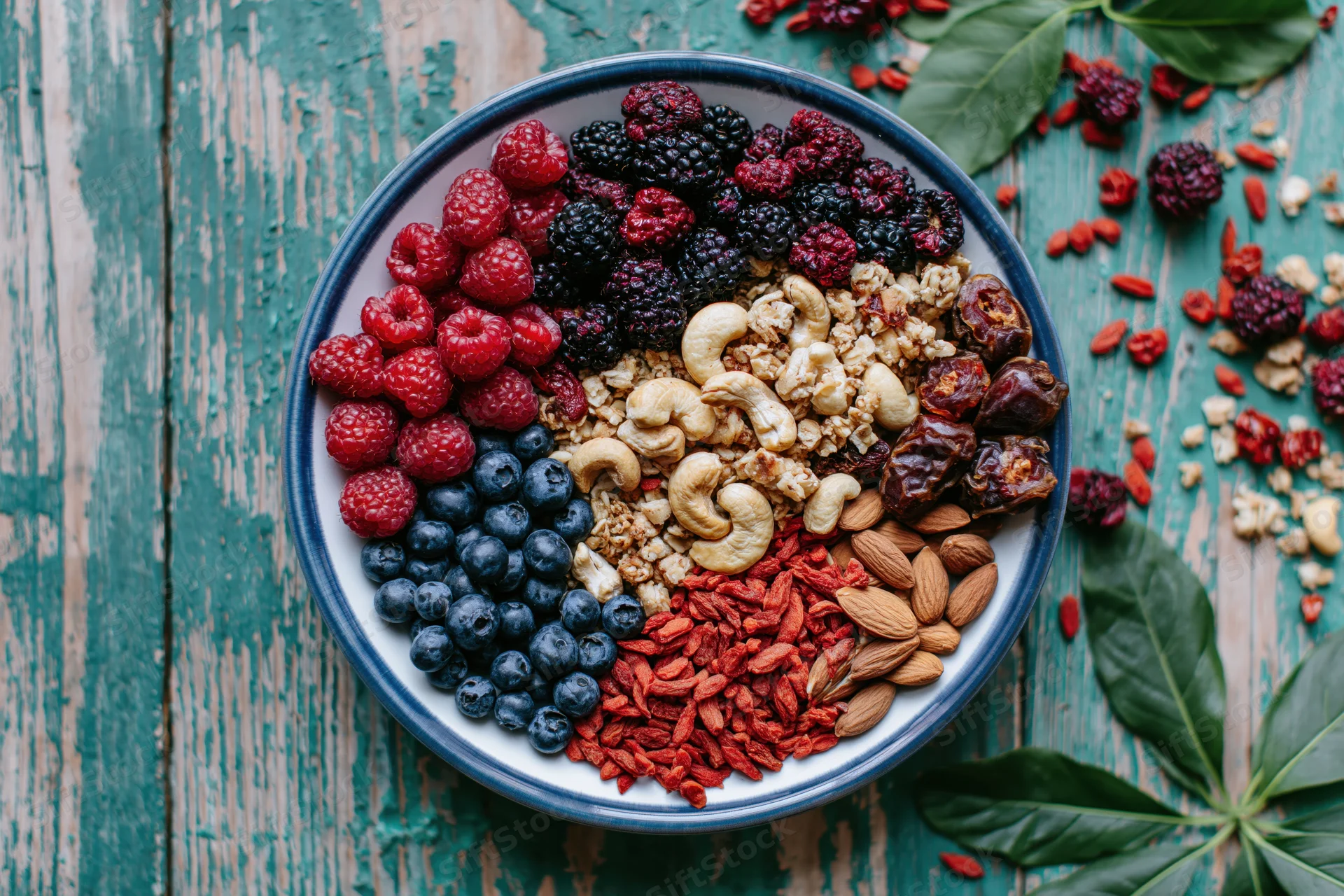 Colorful berries and nuts arranged in a bowl on a rustic wooden surface