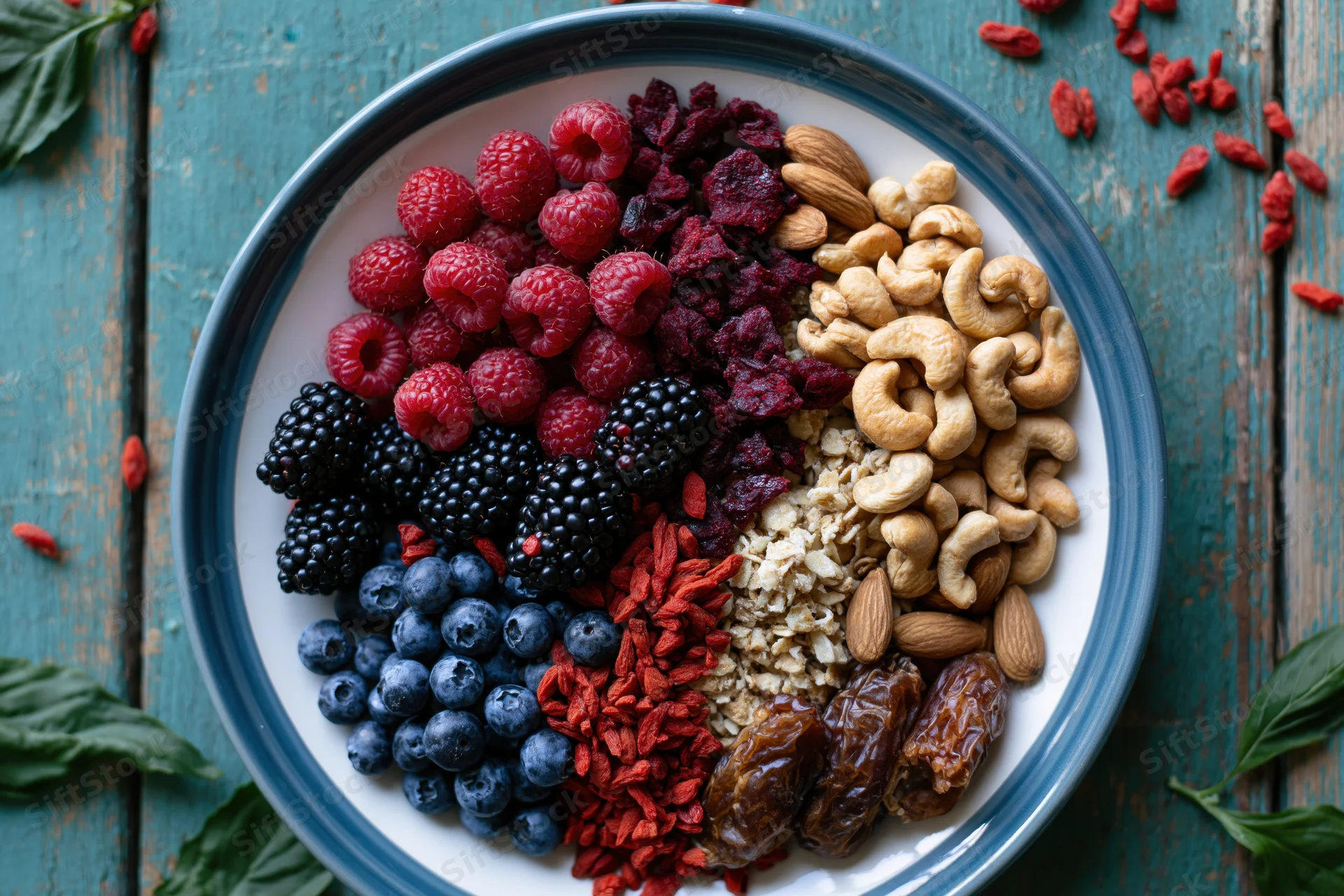 A bowl of mixed berries, granola, nuts and dried fruit arranged on a teal wooden surface