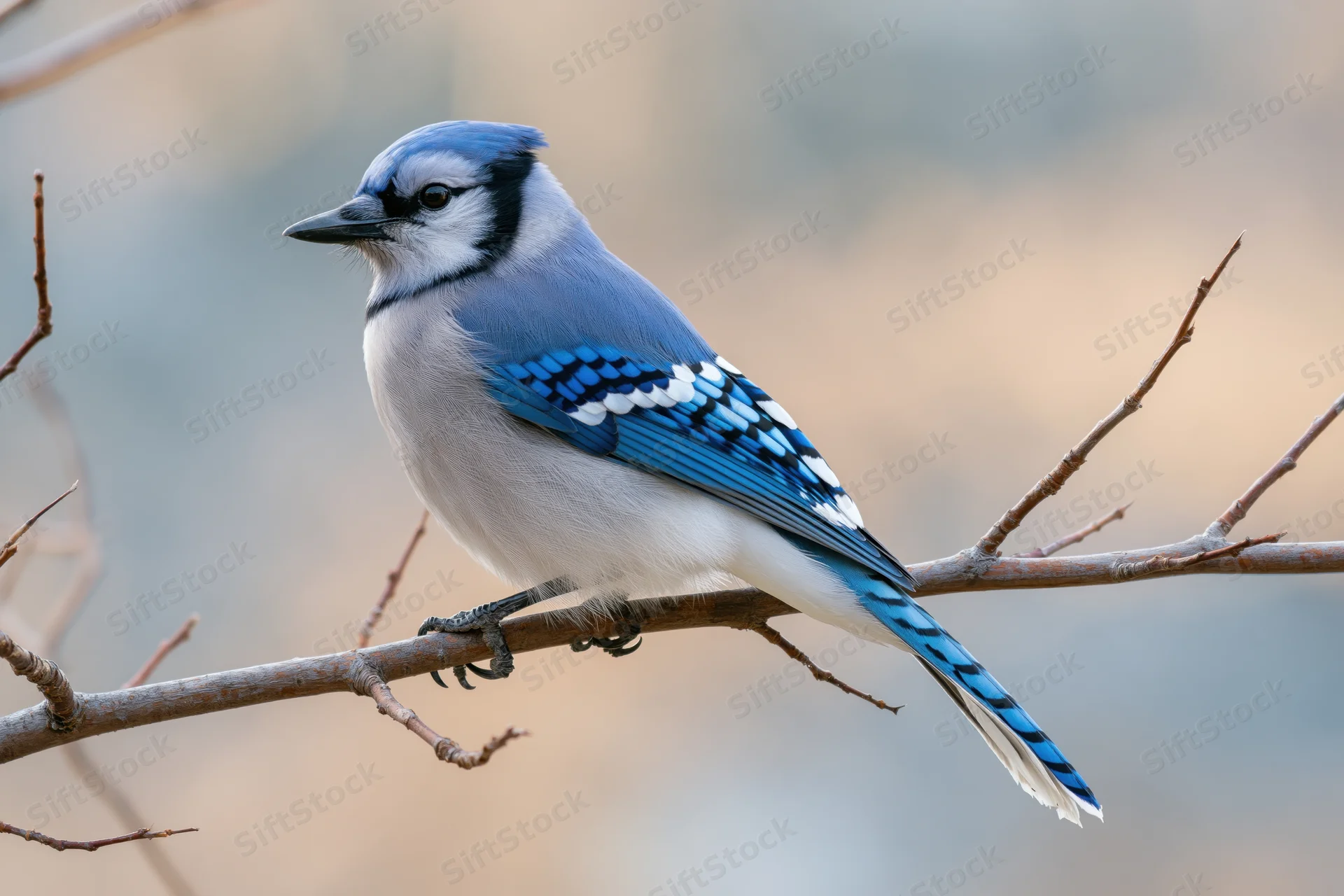Blue jay perched on a bare winter branch facing slightly left