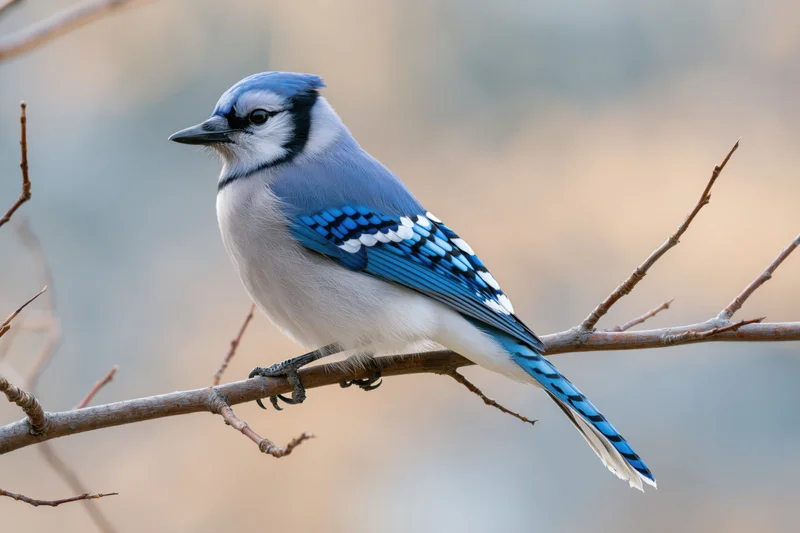 Blue jay perched on a bare winter branch facing slightly left