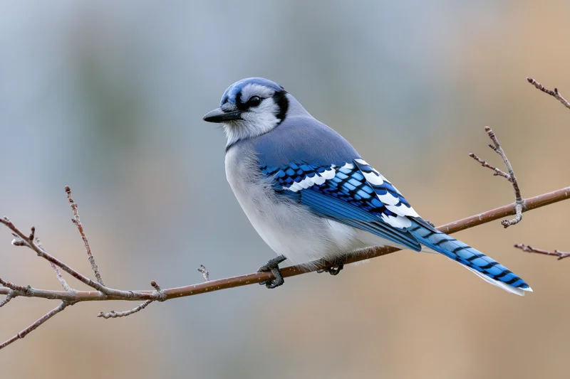 Blue jay perched on a bare winter branch facing slightly left