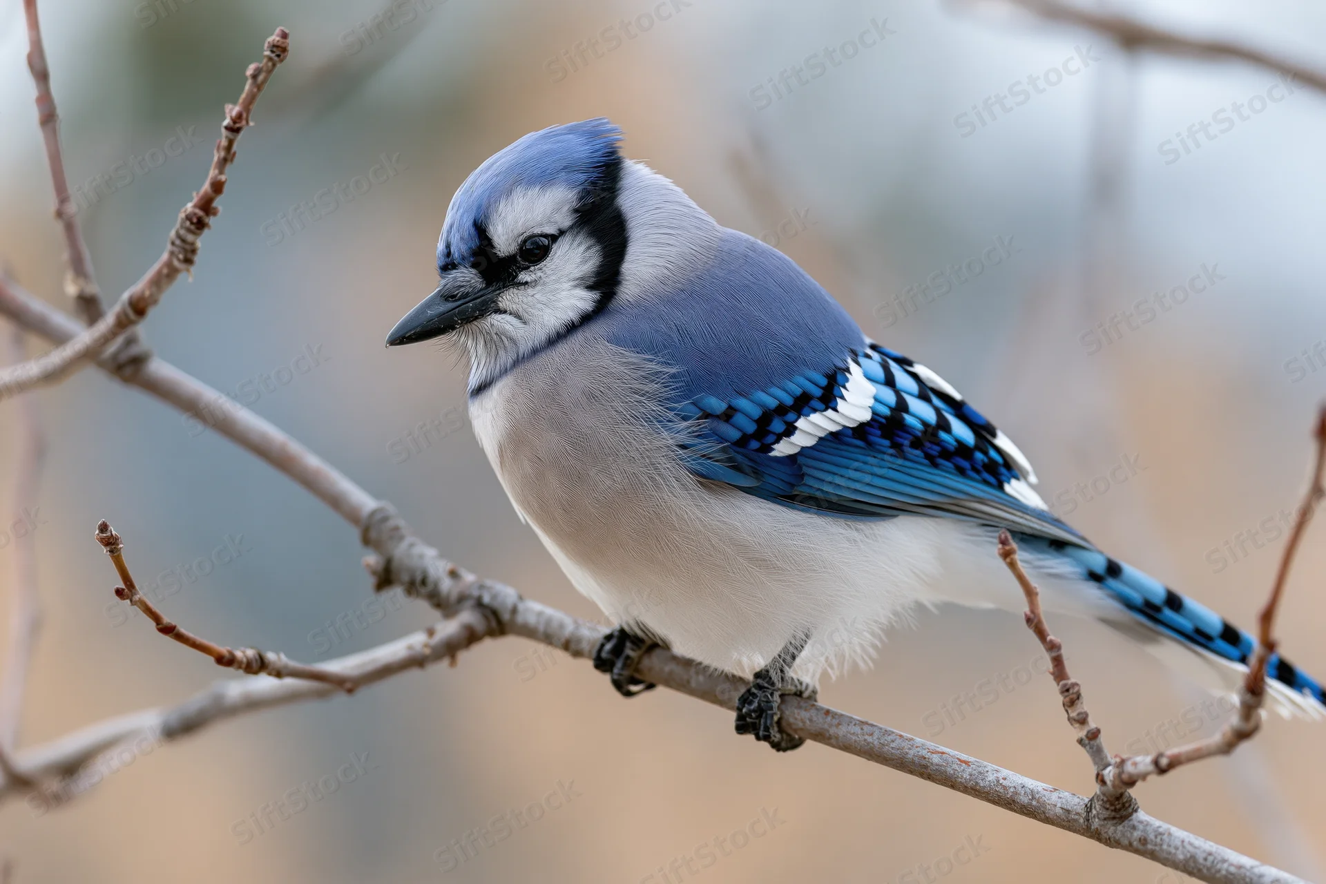 Blue jay perched on a bare winter branch facing slightly left