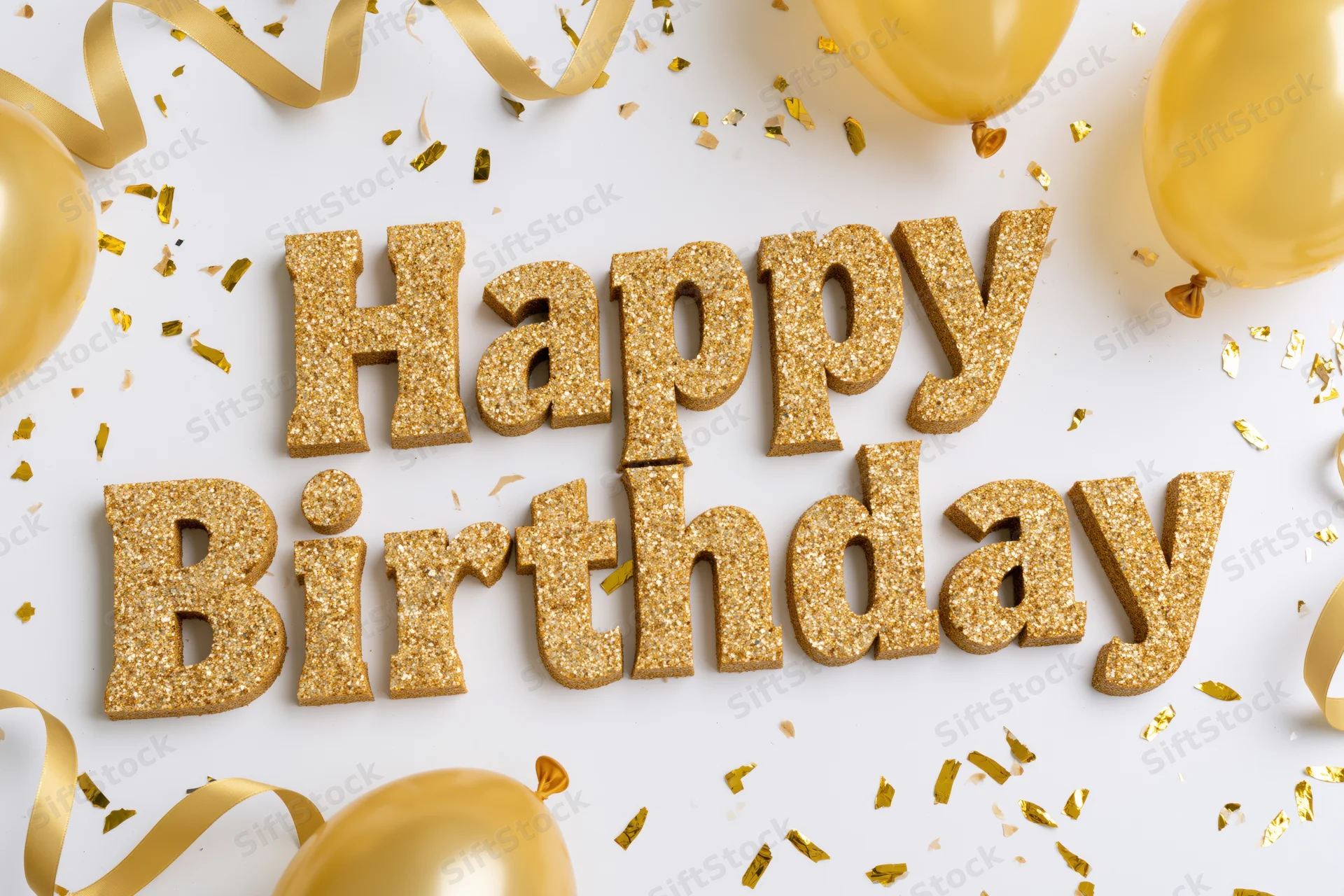 Gold glitter 3d happy birthday letters on white surface with balloons and confetti