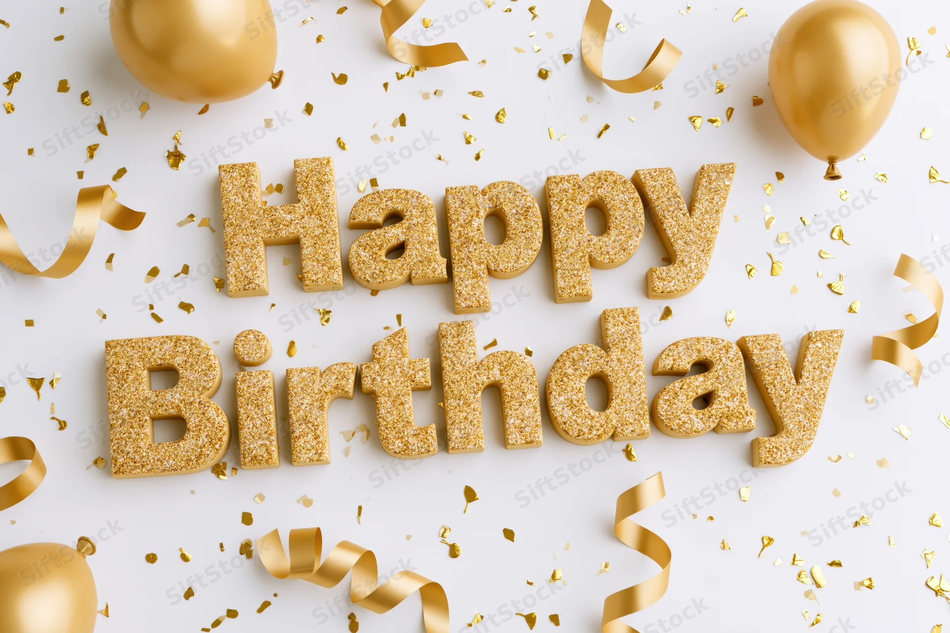 Gold glitter 3d happy birthday lettering on white surface with balloons and confetti