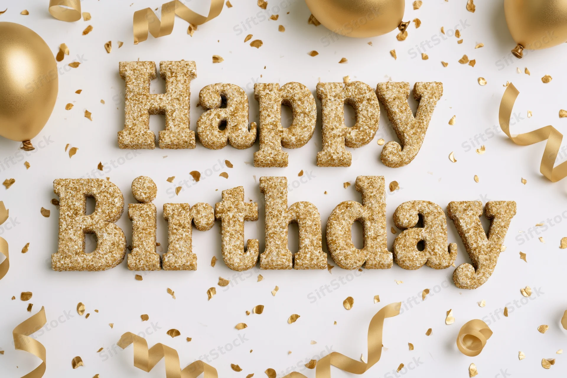 Gold glitter 3d happy birthday letters on white background with confetti and balloons