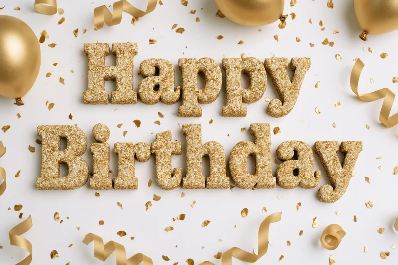 Gold glitter 3d happy birthday letters on white background with confetti and balloons