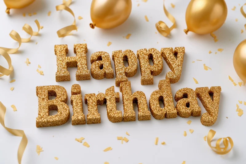Gold glitter 3d happy birthday lettering on white surface with balloons and confetti
