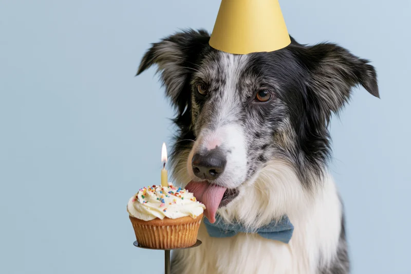 Border collie dog wearing yellow party hat and blue bowtie, licking a cupcake with lit candle on stand against light blue background
