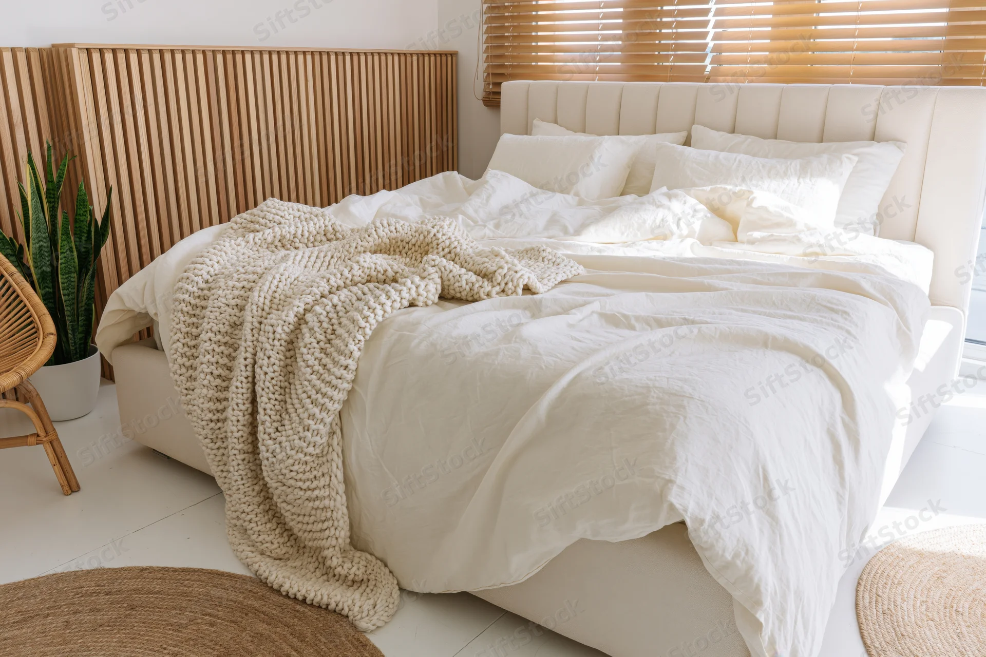 Large upholstered bed with white bedding and knit blanket in minimalist bedroom with wooden headboard and natural light