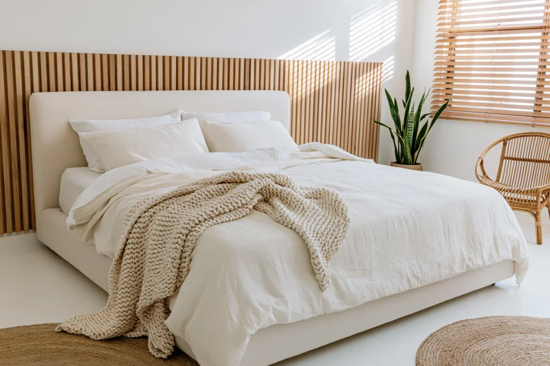 Large upholstered bed with white linens and beige knit blanket in minimalist bedroom with wooden headboard and rattan chair