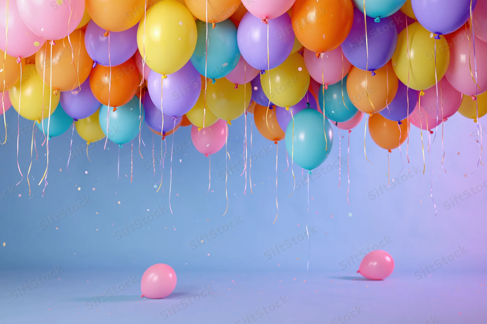 Colorful latex balloons suspended from ceiling with confetti and streamers over a pastel blue floor
