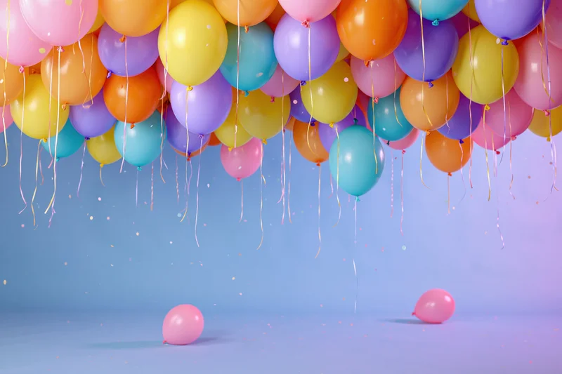 Colorful latex balloons suspended from ceiling with confetti and streamers over a pastel blue floor